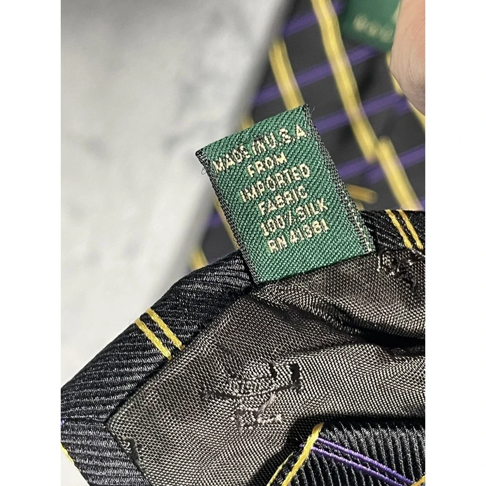 Lauren Ralph Lauren Mens Silk Tie Black Gold Purple Plaid Hand Finished USA Made